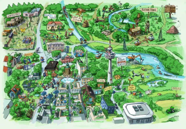 Detailed illustrated town map with buildings, river, trees, and roads.