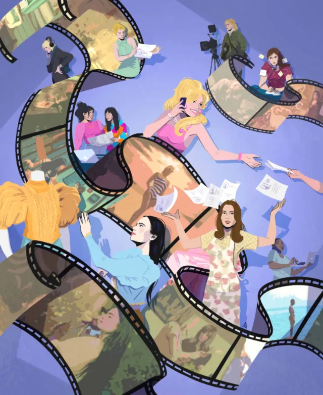 Illustration of women directing film scenes, by Maddalena Carrai