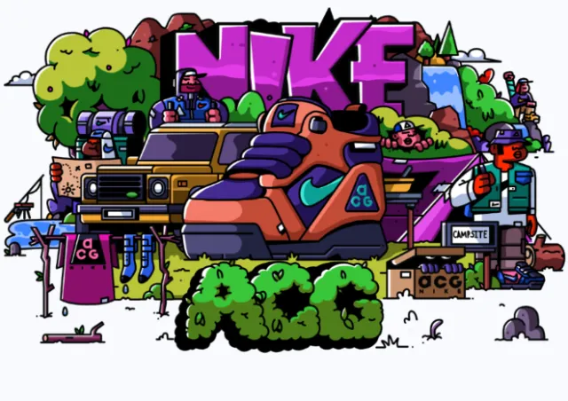 Colorful Nike ACG graffiti with shoes and outdoor elements