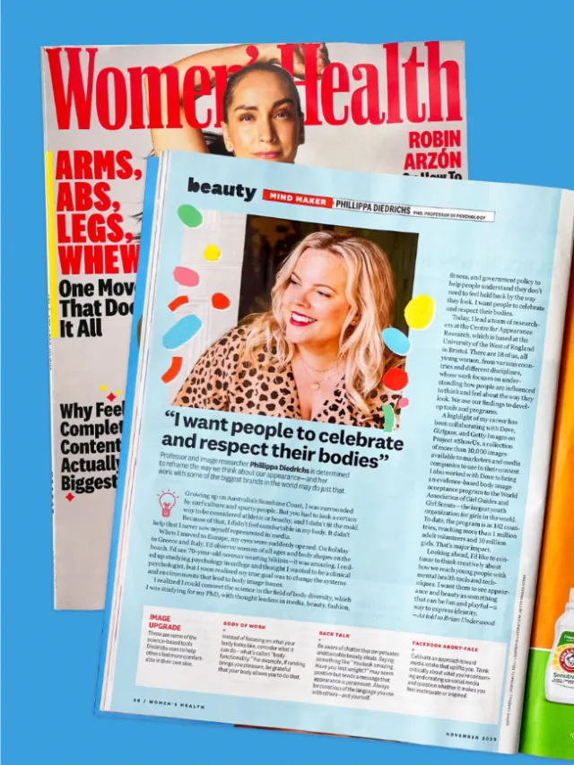 Open magazine showing Women’s Health cover and body positivity article