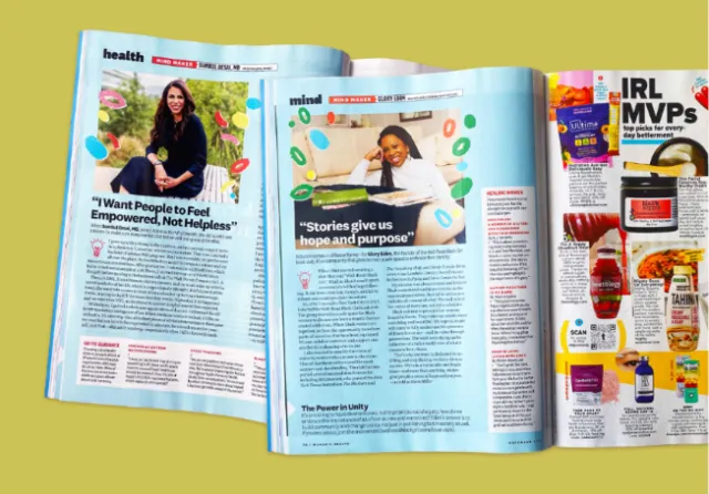 Open magazine showing colorful women's health articles and illustrations
