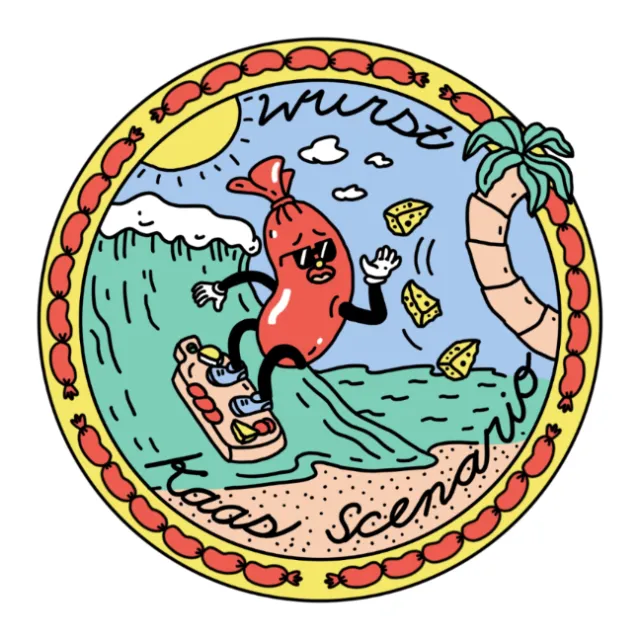Cartoon sausage surfing with cheese on beach under palm tree
