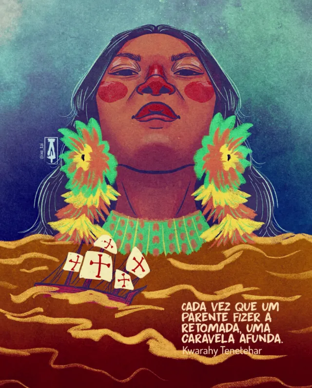 Illustration of Indigenous woman with feather earrings and sinking ship