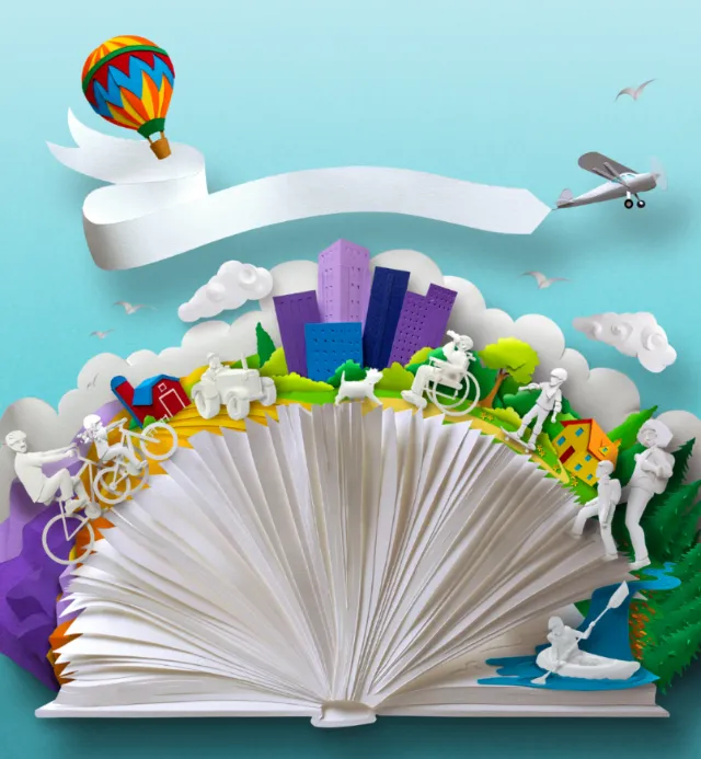 Paper art style open book with city, nature, and activities by Gail Armstrong