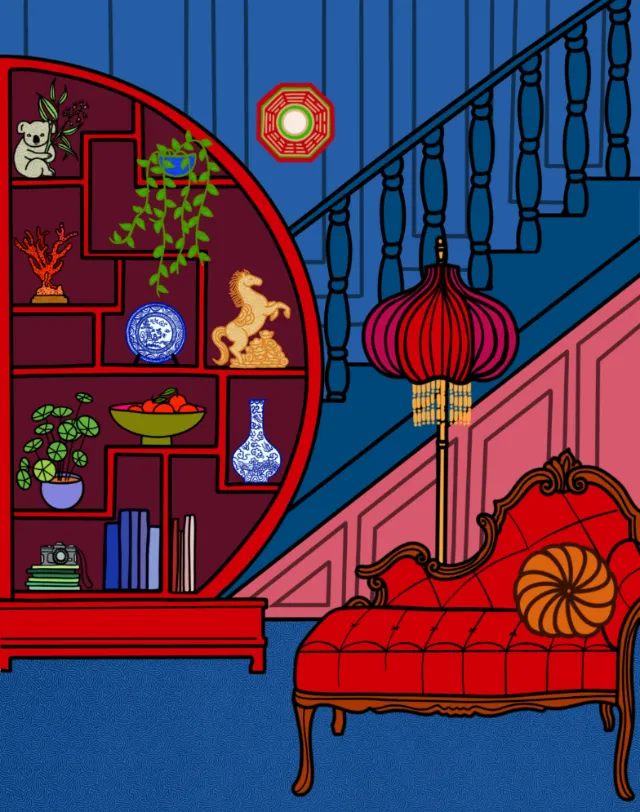 Red chaise lounge and decorative shelf with plants and figurines under staircase