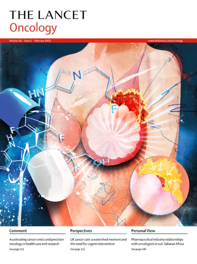 Breast cancer cells with chemical formulas and medication illustration