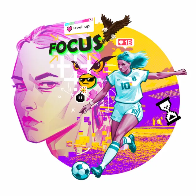 Female soccer player in action with vibrant digital background