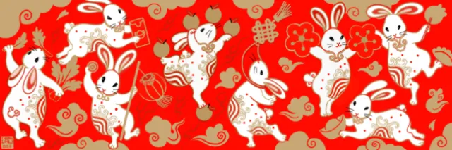 Colorful Chinese rabbit mural with peaches and flowers on red background