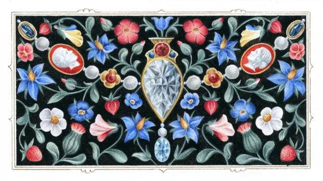 Decorative floral and gemstone banner with black background