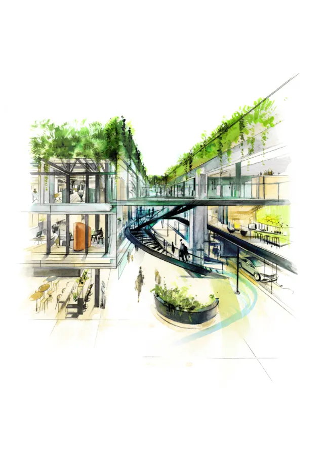 Interior view of a multi-level shopping mall with plants and glass railings