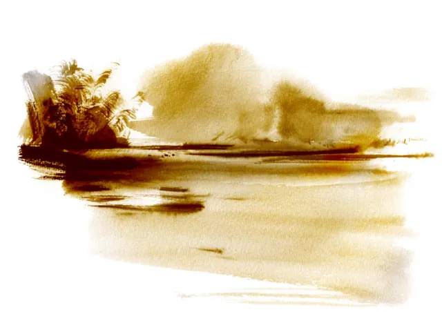 Sepia tone abstract watercolor landscape with trees and water