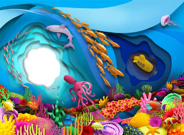 Vibrant coral reef with diverse sea creatures and a yellow submarine underwater