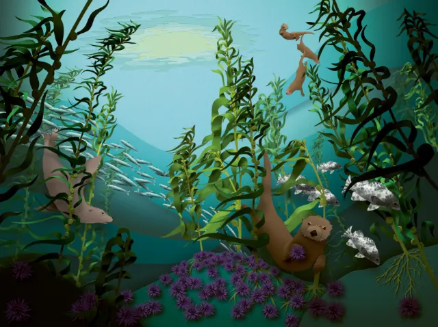 Underwater kelp forest with sea otter and various fish by Gail Armstrong