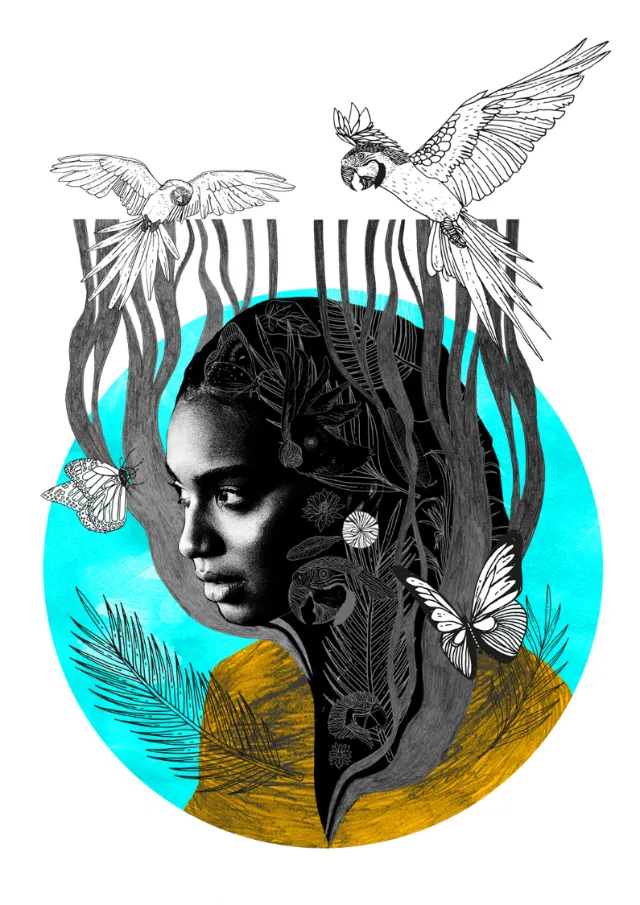 Black and white portrait of a girl with birds and butterflies on blue background.