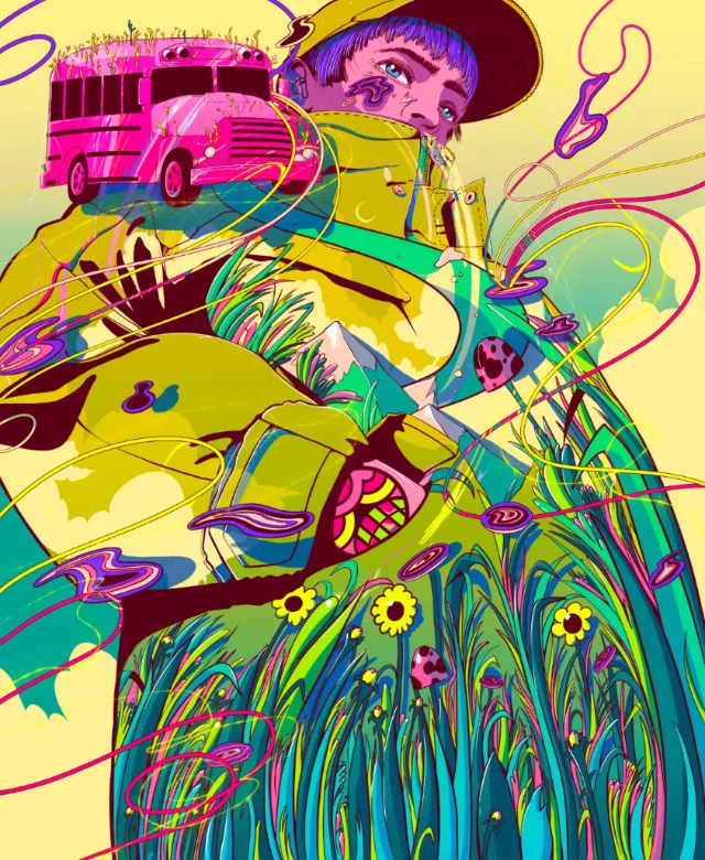 Colorful abstract illustration of person with school bus and flowers