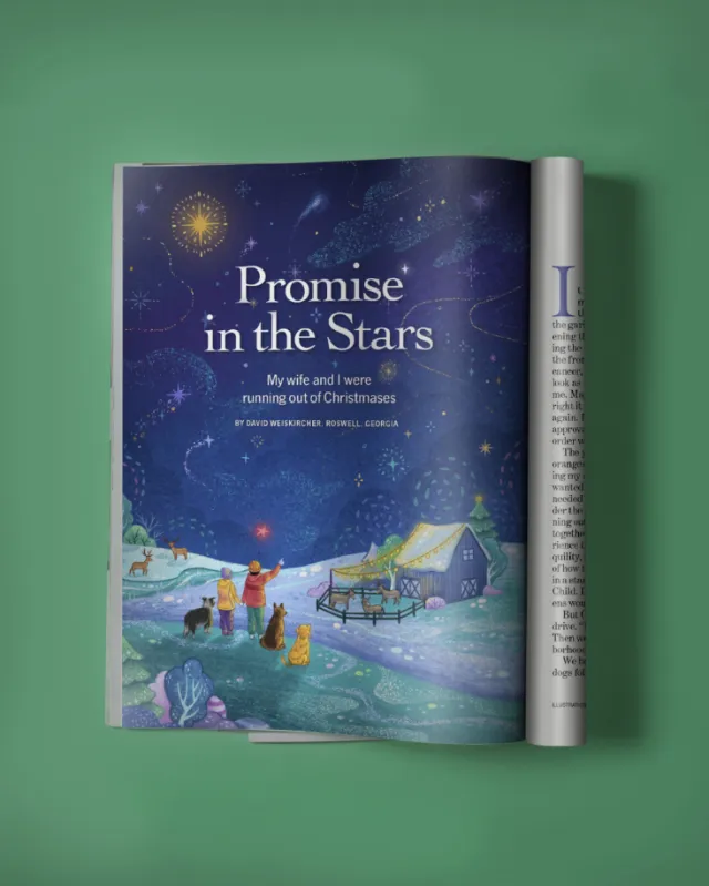 Starry night with people looking at stars, illustration by Alyssa De Asis