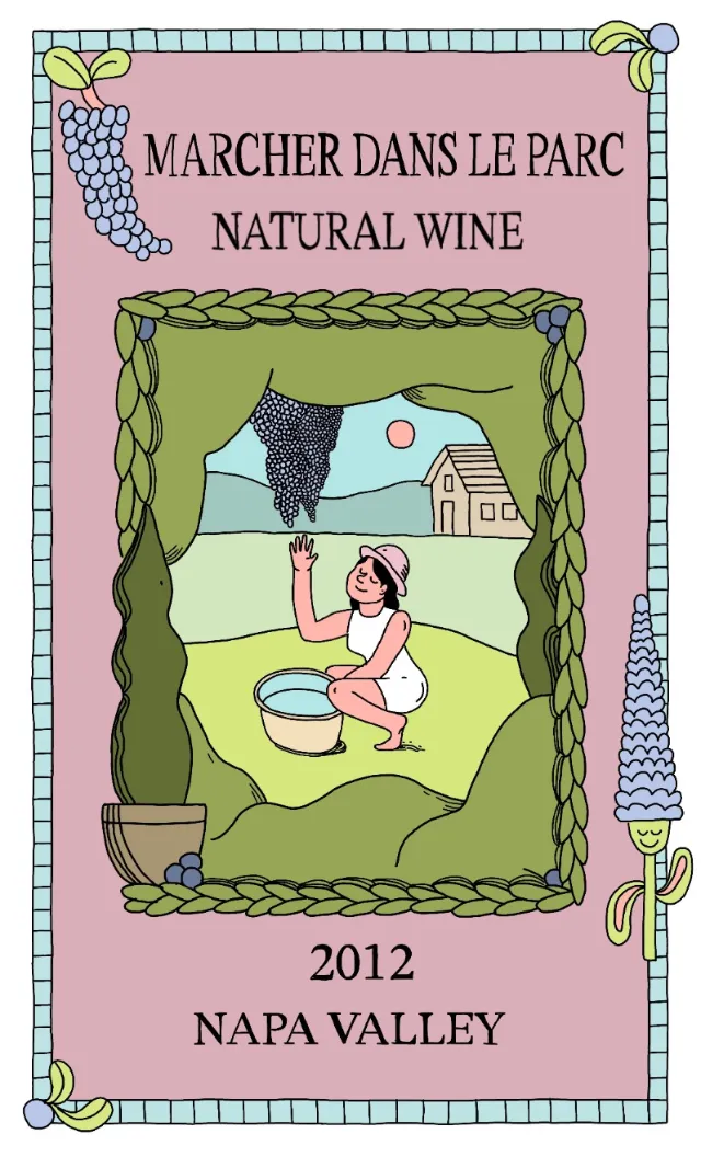 Illustration of person harvesting grapes for natural wine in vineyard