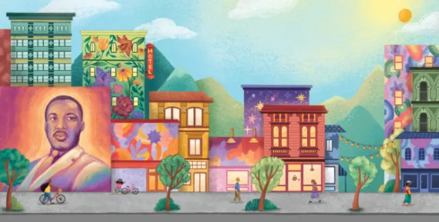 Colorful street mural with buildings and a portrait of a man by Alyssa De Asis