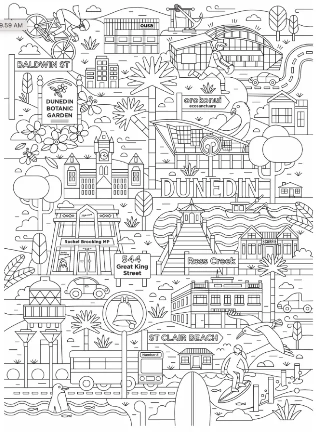 Line art drawing showing Dunedin landmarks including buildings, beach, and streets