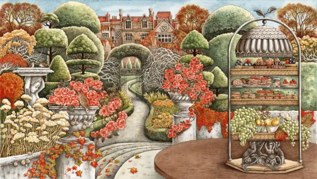 Autumn garden scene with topiary, flowers, pathway, and birdcage dessert stand