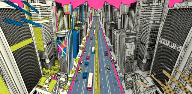 Comic-style illustration of a colorful city street with skyscrapers