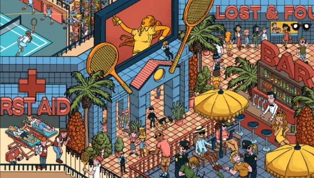 Illustration of busy tennis tournament with players, spectators, and amenities