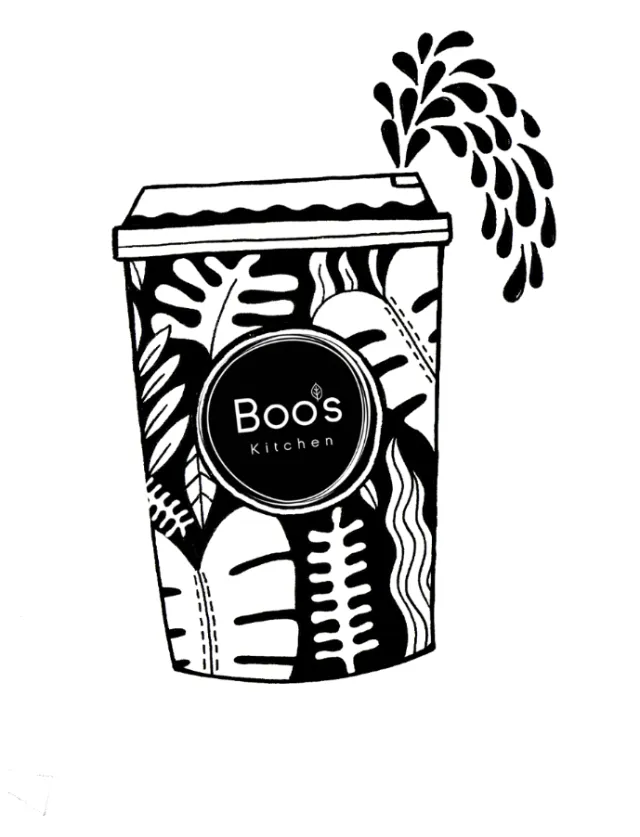 Black and white coffee cup with Boo's Kitchen logo and abstract leaf design