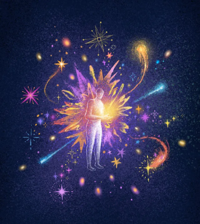 Glowing human silhouette among colorful cosmic stars and light bursts