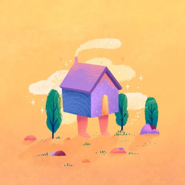 Illustration of a purple house with legs walking near trees