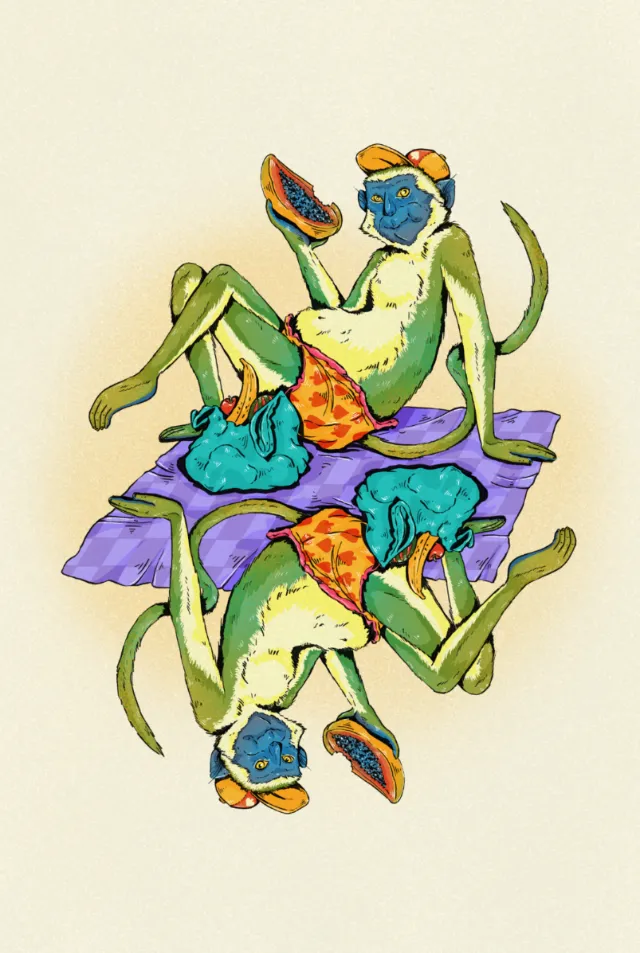 Illustration of two green monkeys in orange shorts relaxing on a purple mat