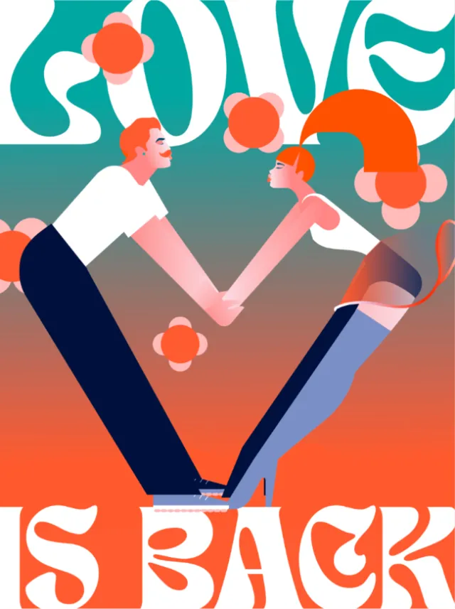 Couple holding hands with stylized text love is back in background