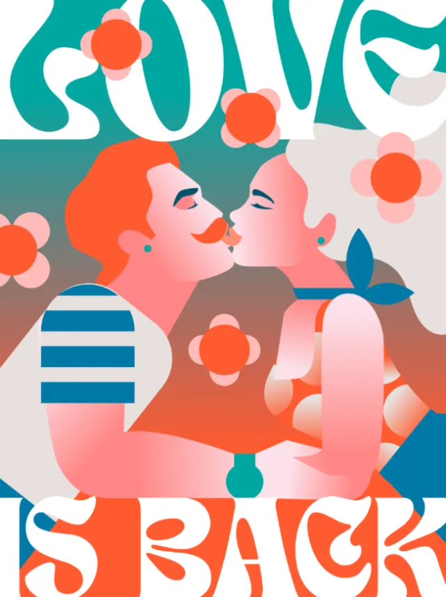 Illustration of a couple embracing with flowers and 'Love is Back' text