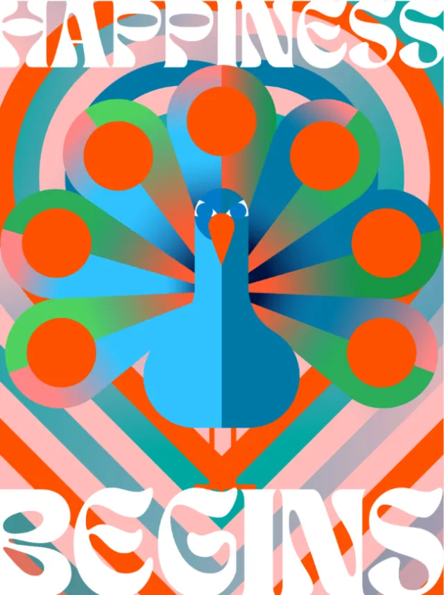 Bright peacock graphic with text Happiness Begins in vibrant colors