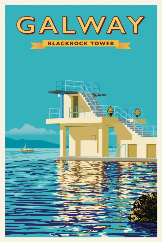 Salthill diving board poster with a scenic backdrop of Galway Bay