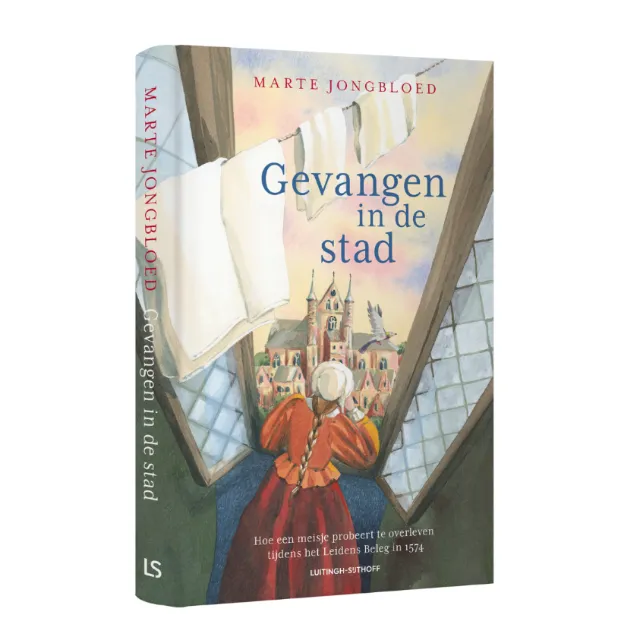 Book cover showing a historic city view through a window with a woman in period clothing