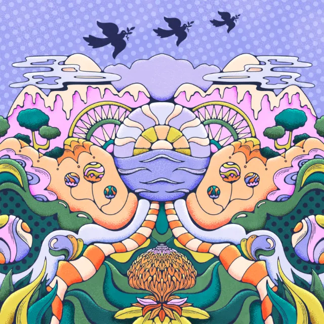 Surreal colorful landscape with birds flying and abstract floral elements