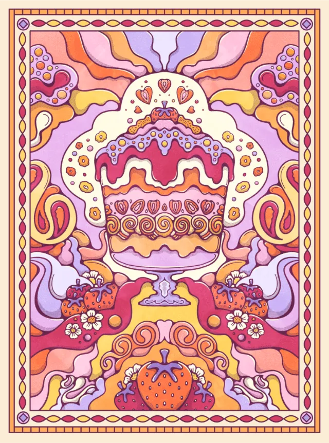 Psychedelic art with decorated cake and strawberries in vibrant colors