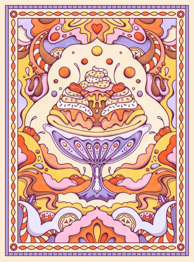 Colorful psychedelic ice cream sundae with vibrant abstract swirls