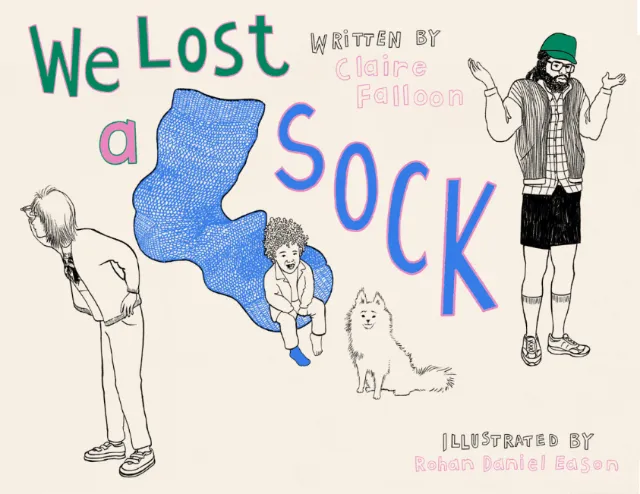 Illustration from We Lost a Sock showing children and a dog near a large blue sock