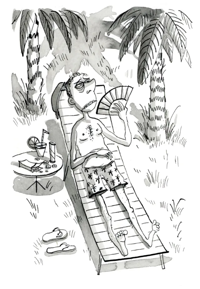 Man resting on lounge chair under palm trees with fan and drinks nearby