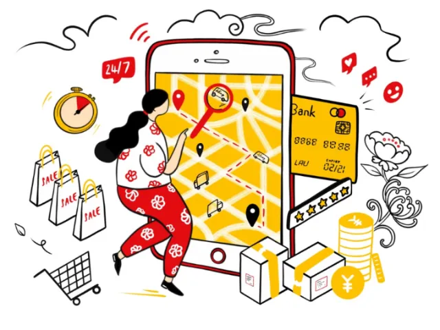 Person using mobile app for shopping, payments, and delivery tracking