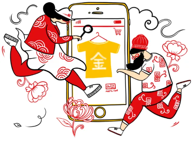 Two people shopping online with a smartphone and magnifying glass