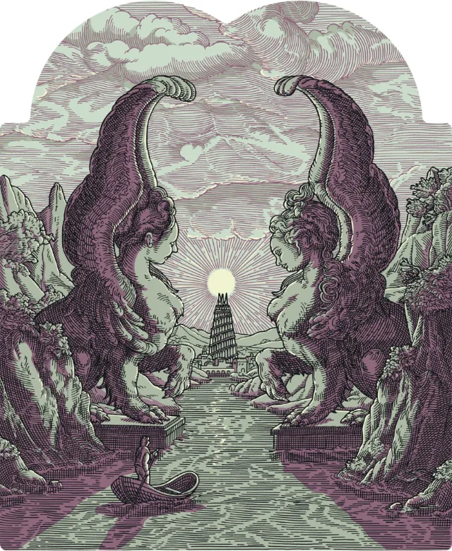 Two mythical creatures guarding a glowing tower by a river under cloudy sky