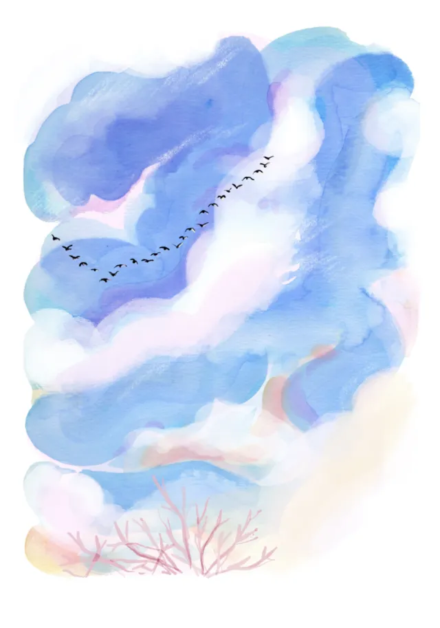 Flock of geese flying in a blue and pink watercolor sky