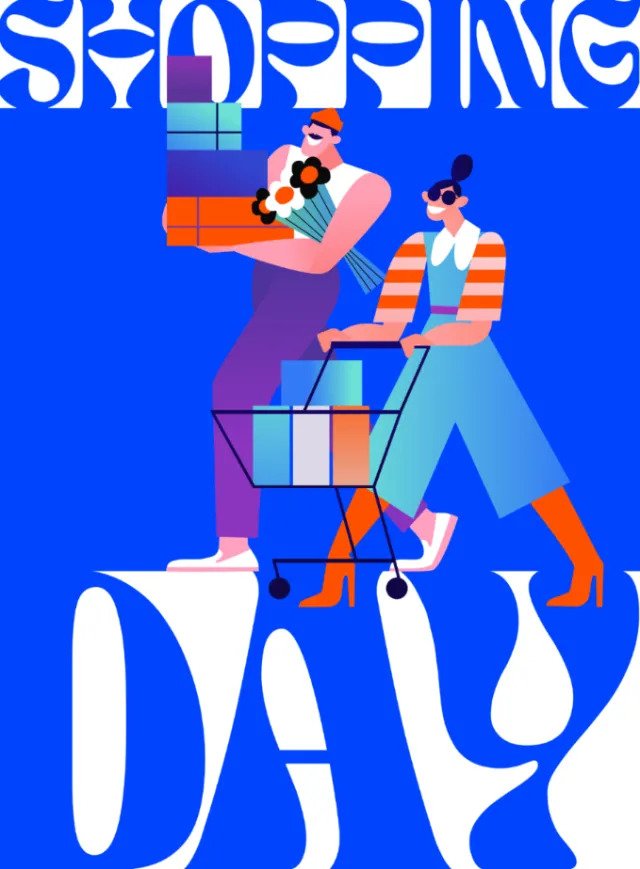 Two women with shopping cart carrying colorful packages and flowers