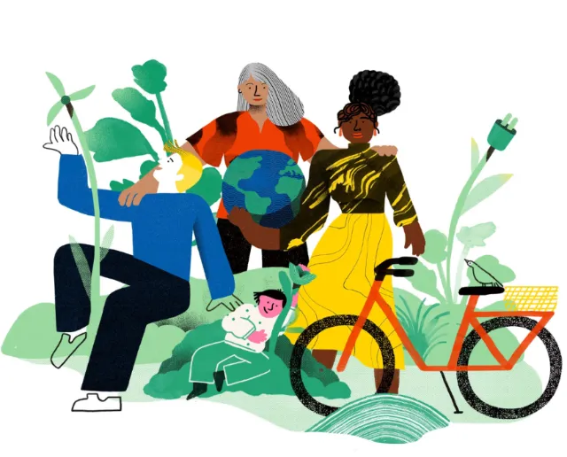 Diverse people with earth globe, plant, and bicycle celebrating unity