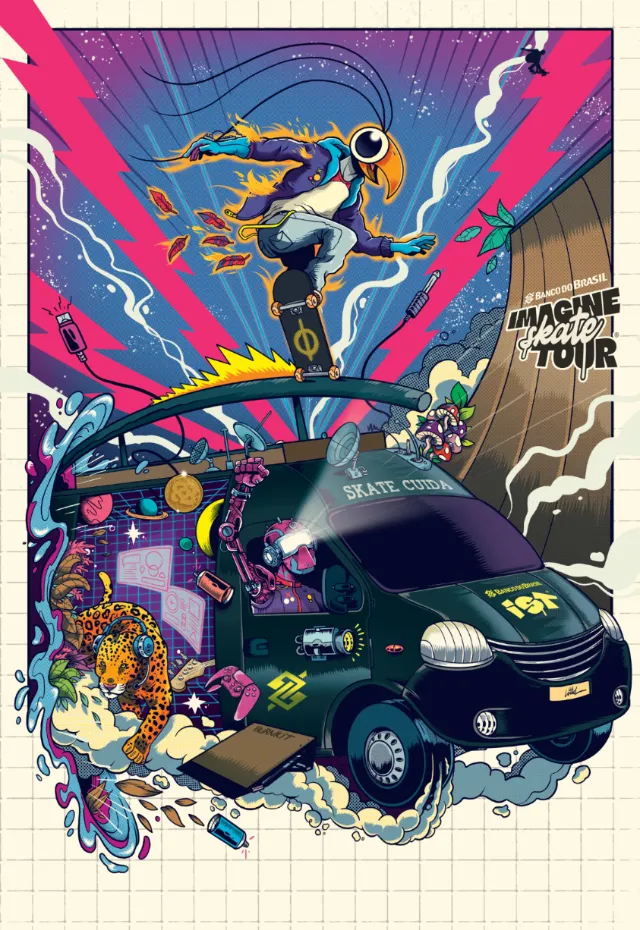 Colorful illustration of skateboarder jumping over van with vibrant background