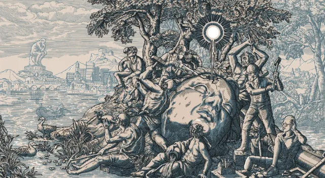 Renaissance-style engraving of a giant head surrounded by people near a lake