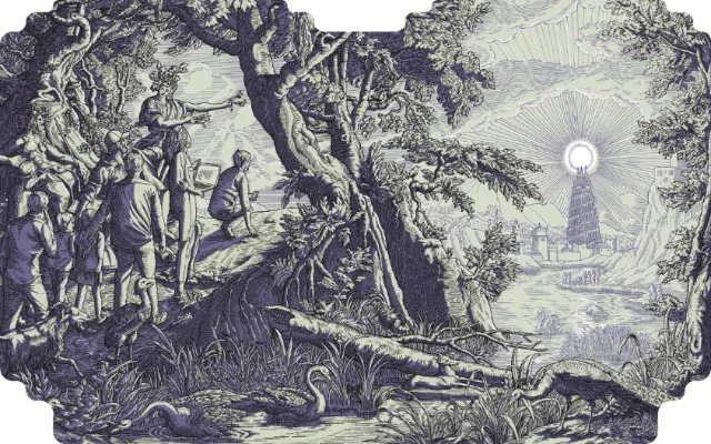 People observing a sacred light near an ancient tree and tower