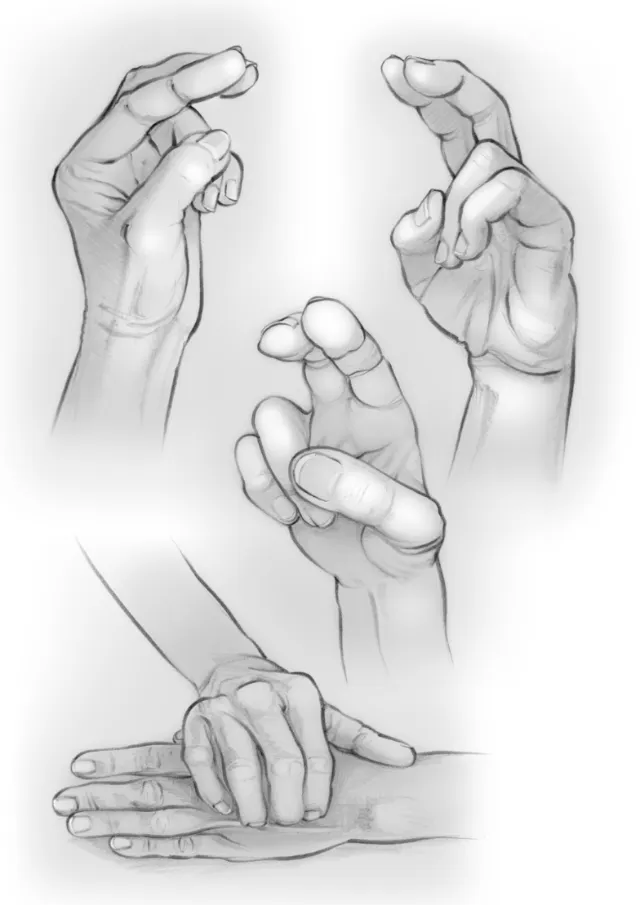 Black and white illustration showing hands demonstrating tapping techniques